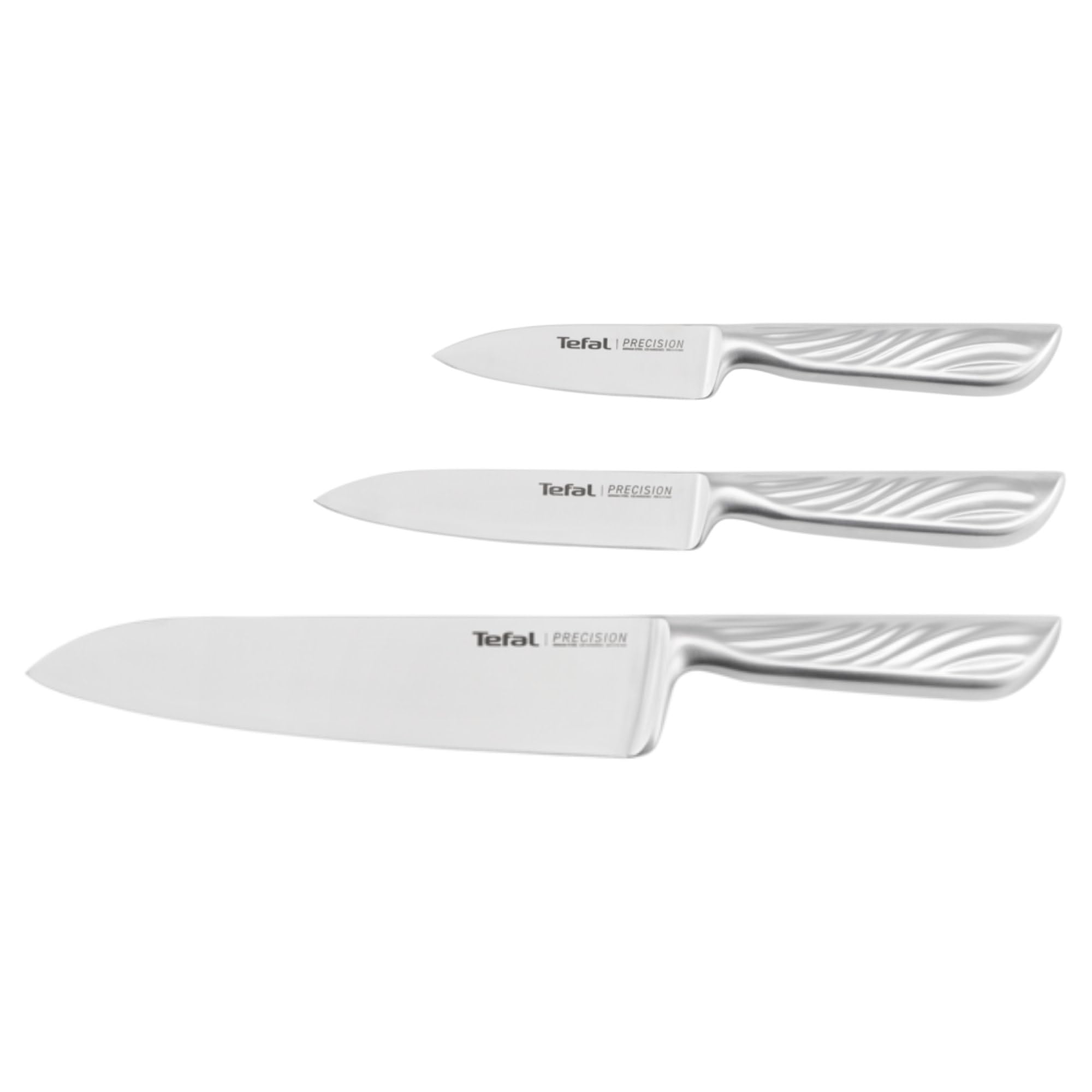 Tefal Precision, Juego de 3 Cuchillos de Cocina, Chef 20 cm, Multiusos 12 cm, Pelador 9 cm, Corte preciso, Afilado óptimo y duradero, Acero inoxidable alemán, Mango ergonómico antideslizante, K289S334