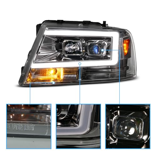 Image of AmeriLite for 2004-2008 Ford F150 C-Type LED Tube Square Projector Gun-Metal Replacement Headlights Assembly Pair - Driver and Passenger Side