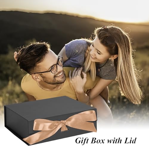 JOHOUSE Black Gift Box, 10.5x7.5x3.1 inches Gift Box with Lid, Black Magnetic Closure Collapsible Gift Box with Ribbon Card Envelope for Wedding Birthday Halloween