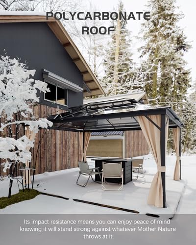 Hardtop Gazebo 12'x16' for All Weather, Double Polycarbonate Sheets Roof, Aluminum Alloy Frame, Net, and Curtain, Permanent Building for Patio, Deck, Backyard, Lawn, and Garden, Khaki