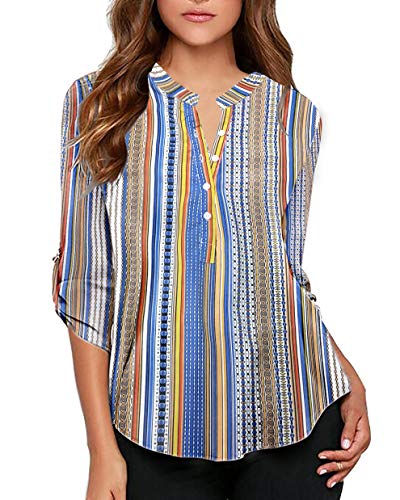 roswear Women’s Button Detail Curve Hem Stripe Long Sleeve Blouse Shirt Blue S