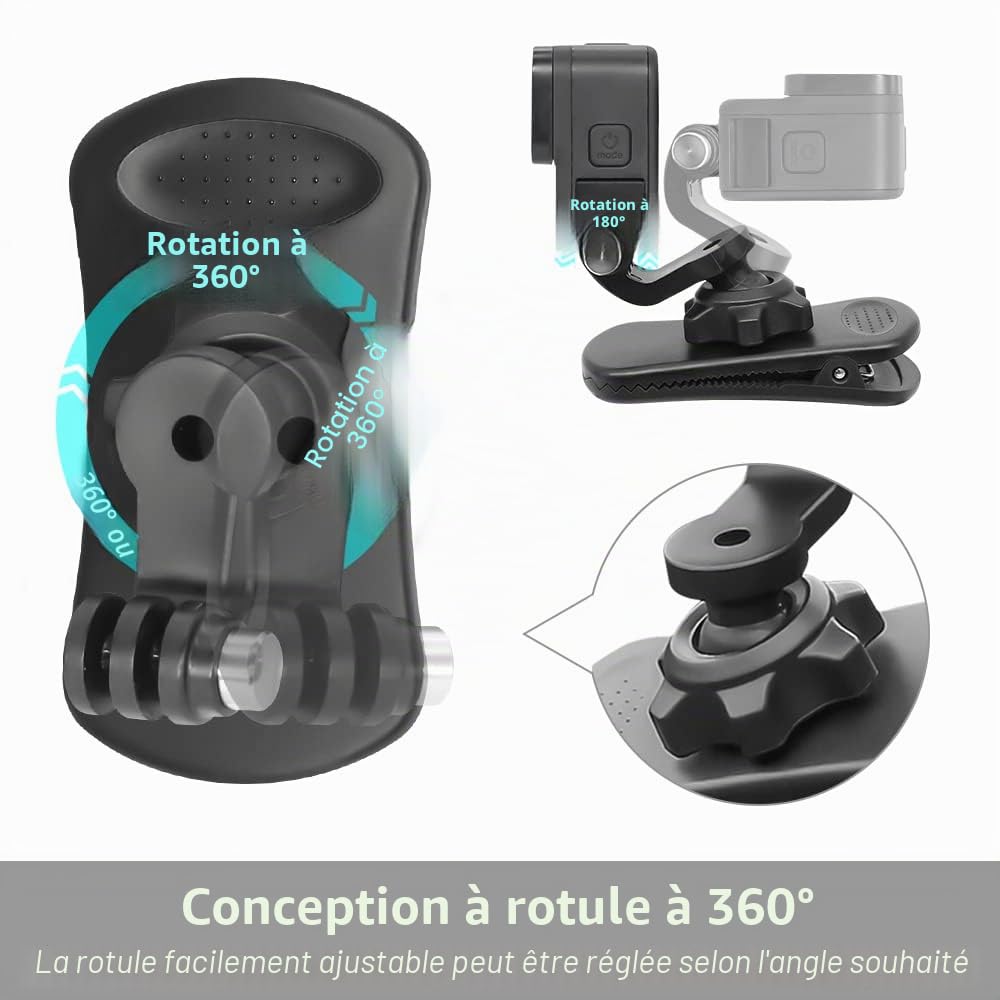 Support de Sangle de Sac à Dos à Rotation à 360° Compatible avec Les caméras d'action GoPro Hero 13,12,11,10,9,8,7, Hero(2018),6,5,Fusion,DJI Osmo Action 5 Pro/4/3/2,Crosstour