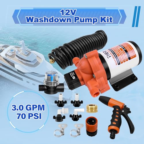 Image of 3.0 GPM 70 PSI Washdown Deck Wash Pump Kit, 12V Washdown Pump Kit with Strainer and Pressure Switch for RV,Boat,Sprayer,Travel Trailers,and Yacht,Orange-White