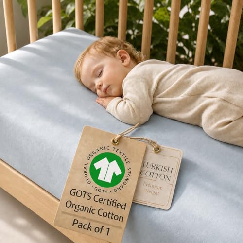 Image of Organic Travel Crib Sheets Compatible with Baby Bjorn Travel Crib - 1 Pack Premium Weight Turkish Cotton 38x26 Toddler Playard Bedding, Fitted Baby Mattress Cover Boy, Girl, Mattress Cover