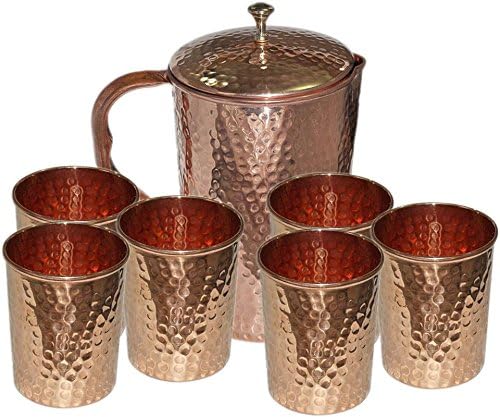 High Quality Pure Copper Hammered Pitcher with Lid for Health Benefits with 6 Water Glass