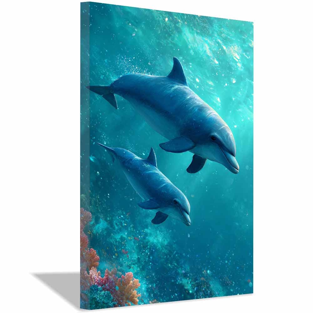 HUYEEI Niebieskie zwierzęta morskie, krajobrazy, niebieski, delfin, cień, pejzaż morski, plakat, natura, nadruk, do salonu, sypialni, łazienki, dekoracja (niebieski 296) - 60 x 90 cm oprawiony