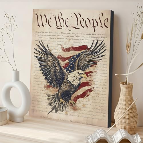 Image of Framed We The People Bald Eagle Wall Art, Patriotic US Constitution Canvas Art Pictures, American Flag Wall Decor, Made in USA Ready to Hang for Office Living Room