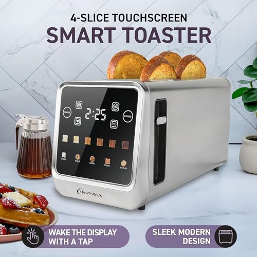 Image of Inspirex Touch Screen Toaster - 4 Slice Long Extra-Wide Slots - 5 Bread Type and 6 Browning Levels - Defrost, Reheat, Favorite, Single Slot Settings - Stainless Steel