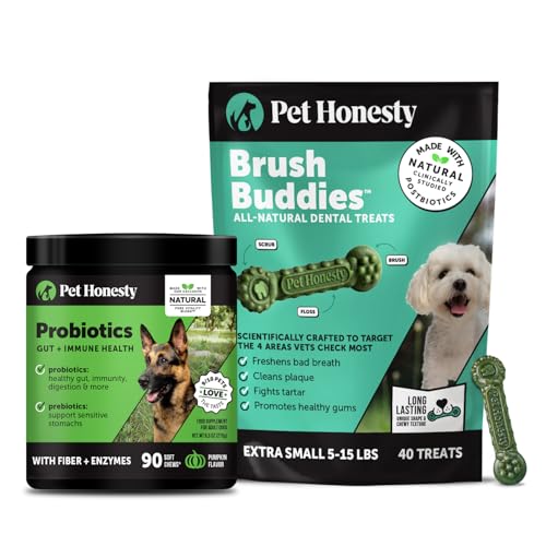 Pet Honesty Dog Wellness Virtual Bundle – Probiotics Supplement (Pumpkin, 90 Ct) + Brush Buddies Dental Sticks for Extra Small Dogs (40 Ct) – Digestive & Dental Support