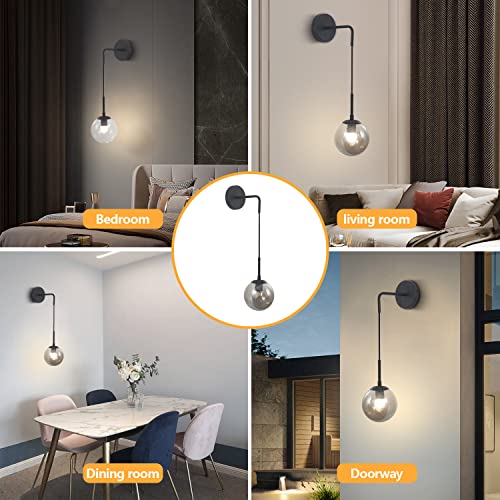 Image of KCO Lighting Black Glass Globe Wall Sconce Set of 2 Farmhouse Industrial Wall Lamp with Adjustable Cord Mid Century Modern Wall Mount Reading Light for Bathroom Mirror Bedside Stairs (Smoke Grey)