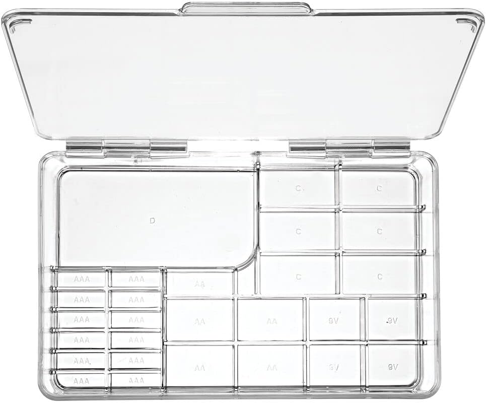 mDesign Plastic Large Stackable Divided Battery Storage Organizer Box with Hinged Lid for AA, AAA, C, D, 9 Volt Sizes, Great Storage for Kitchens, Home Offices, and Utility Rooms - Clear