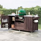 66.5" Outdoor Rolling Kitchen Island for Big Green Egg Grills with Stainless Steel Top, Solid Wood Island Table, Farmhouse Grill Cart, Compatible with Large Big Green Egg, Kamado Joe (Brown)