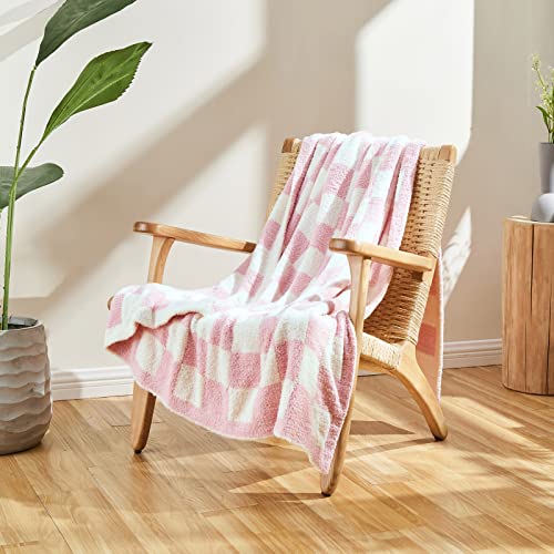 Image of CozeCube Pink White Reversible Checkered Knit Throw Blanket 50 inchx60 inch