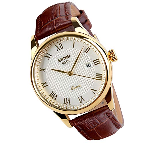 SKMEI Watch for Men Business Dress Classic Fashion Casual Brown Leather Quartz Analog Waterproof Calendar Date Light Simple Wrist Watches Dad Fathers Gifts