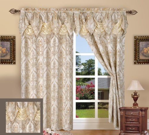 Elegance Linen Luxury Jacquard Curtain Panel Set with Attached Valance 55" X 84 inch (Set of 2), Beige