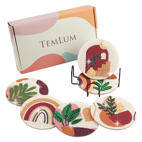 Temlum Diamond Painting Untersetzer mit Halter, 6er Set DIY Untersetzer Diamant Painting Set Basteln Erwachsene (Abstraktes Pflanzen)