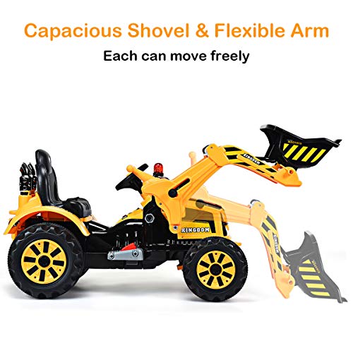 HONEY JOY Kids Ride On Excavator, 12V Battery Powered Pretend Play Construction Tractor Toy with Horn