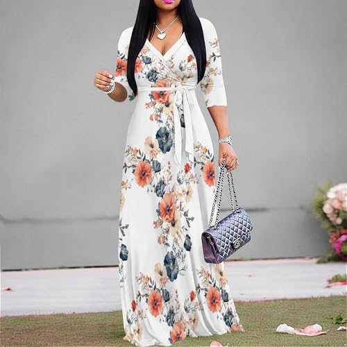 Image of PinkPatty Women's Plus Size Maxi Dresses Casual Flowy 3 /4 Sleeves Dress Printed Vacation Dress for Daily Wear with Belt