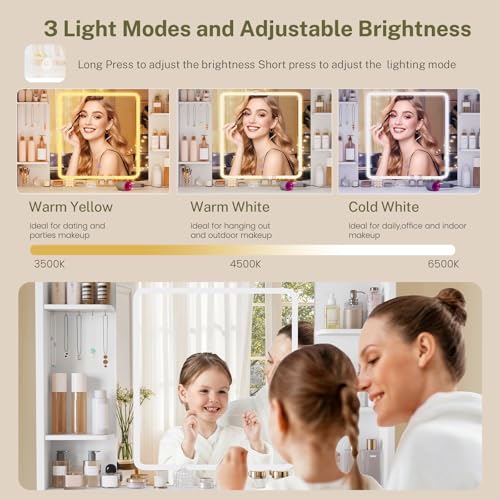 Image of FIONESO Vanity Desk with Mirror and Lights, Makeup Vanity with Power Outlet and 4 Drawers & 6 Shelves & 5 Hooks, 3 Color Modes & Adjustable Brightness, White Vanity for Bedroom