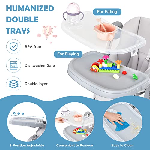 Baby Joy Baby High Chair, Folding Highchair W/ 4 Wheels, One-Step Brake, Removable Double Trays, Detachable Pu, Flip-Up Armrests, Adjustable Height, Backrest & Footrest For Infants & Toddlers (Grey) #TOP3