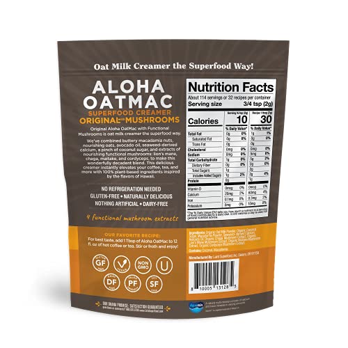 Image of Laird Superfood Aloha OatMac Original Coffee Creamer with Functional Mushrooms Chaga, Cordyceps, Lion's Mane and Maitake, Gluten Free, Non-GMO, Vegan, 8 oz. Bag, Pack of 1