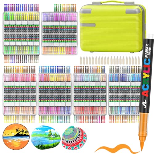 Efimeso 408 Couleurs Feutre Acrylique, Marqueur Peinture Acrylique à Pinceau à Base D'eau, Acrylic Paint Marker pour Roche, Toile, Bois, Pierre, Céramique, Verre, Tissu