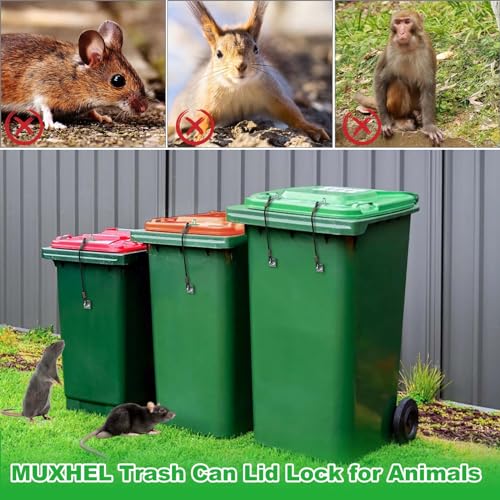 Image of 4 Pcs Metal Trash Can Lid Lock with Accessories, 23.6 inch Wire Rope Black Garbage Can Lock, Outdoor Trash Can Lock for Animals and Litter Prevention