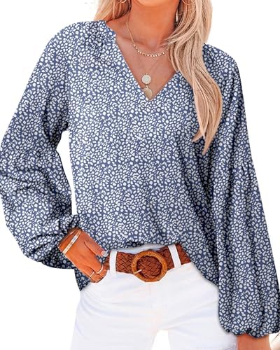 BTFBM Women Casual Boho Blouse Fashion Floral Shirts V Neck Long Puff Sleeve Lightweight Chiffon Summer Fall Tops 2024