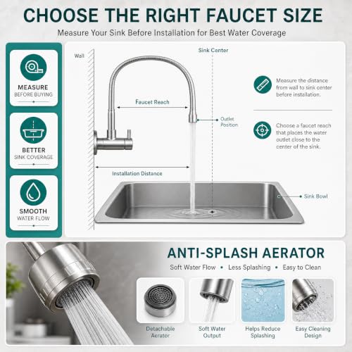 Image of InArt Wall Mounted Flexible Kitchen Faucet, Brushed Silver Gooseneck Sink Tap with Adjustable Spray Head, Single Lever, Anti-Splash Flow, 5 Year Leakage Warranty