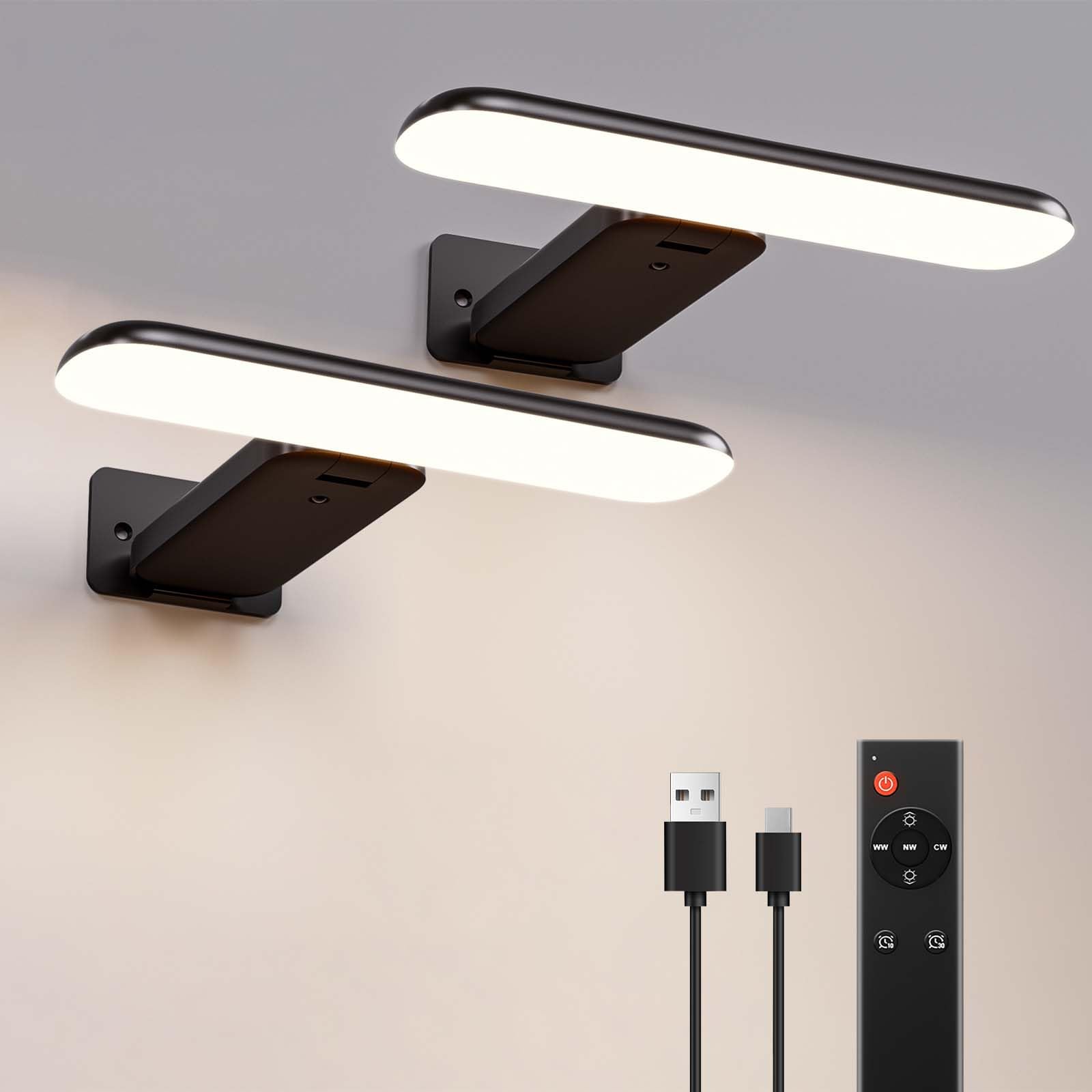 Pirture Lights Battery Operated with Remote, Rechargeable Picture Lights for Wall, Cordless Dart Board Light, LED Wall Light for Dartboard,Paintings,Pictures Frames,3 Color Temps (Black, 2 Pack)