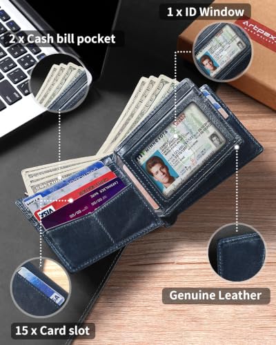 Image of Artpaxy Mens Wallet Bifold Genuine Leather RFID Blocking Wallet for Men with 1 ID Window 15 Card Holders 2 cash pockets 1 Gift Box