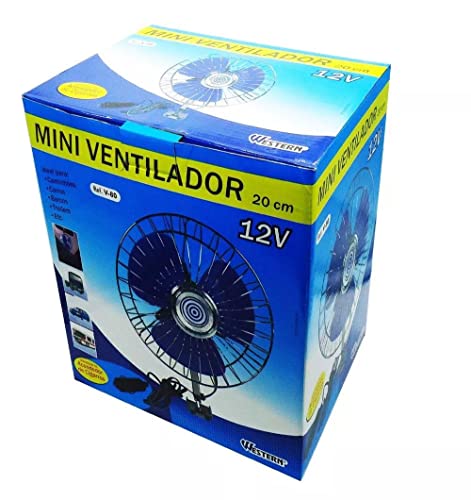 Western V-80 Ventilador Automoveis 12V Mini, Prata/Azul, 20 cm