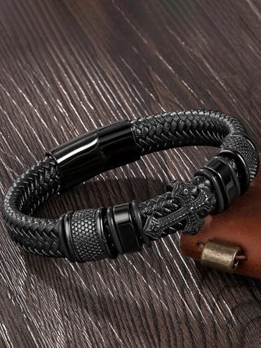 Pulsera negra de cuero trenzado con cruz de acero inoxidable 8.5 pulg. miniatura 2