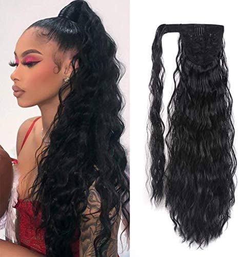 YEAME Corn Wave Ponytail Extension Clip in - 22 Inch Long Wavy Curly Wrap Around Pony Tail Heat Resistant Synthetic Hairpiece for Women (Natural Black #1B)