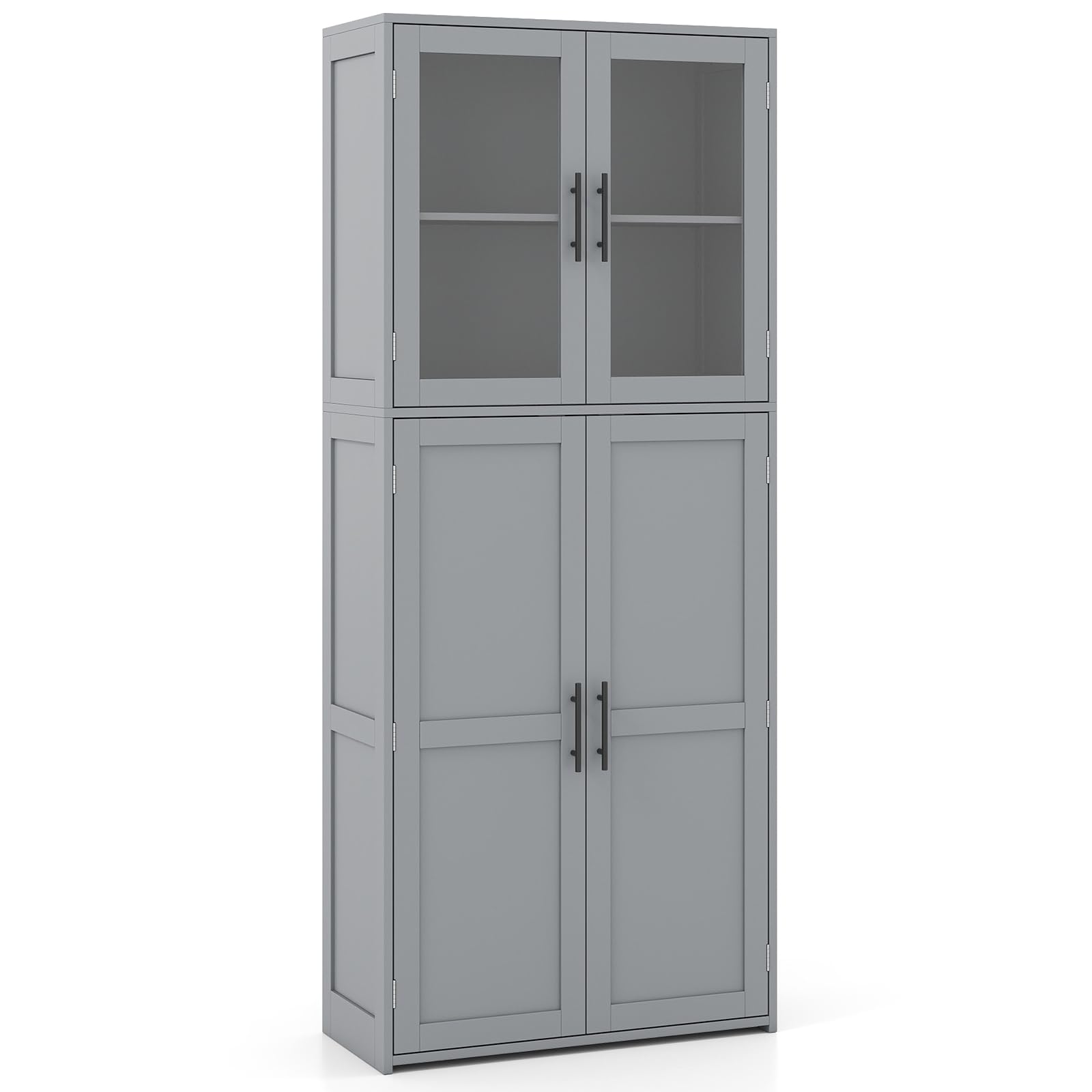 COSTWAY 168cm Tall Kitchen Cupboard, Pantry Storage Cabinet with Tempered Glass Door, Adjustable Shelf & Hanging Hooks, Freestanding Sideboard Organizer Unit for Home Dining Room Bathroom (Grey)