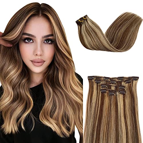 Image of Human Hair Extensions Silky Straight 18 Inch 70g 5pcs Double Weft Clip in Extensions Medium Brown to Beige Blonde Seamless Clip ins Thick Ends Remy Hair for Women