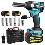 Cordless 1/2 Inch Impact Wrench,1000 N.m(740 Ft-lbs) Brushless High Torque Electric Impact Gun, 3000RPM Power Impact Driver, 2X 4.0AH Li-ion Battery,Charger & 6Pcs Sockets for Car Home DIY Furniture