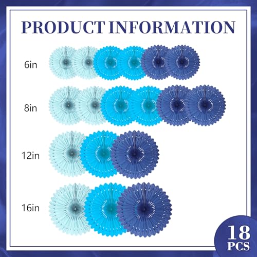Image of 18 Pcs Blue Set Hanging Paper Fan, Hanging Honeycomb Round Paper Fans for Weddings, Birthdays, Baby Showers, Classroom, Events Ceiling Party Supplies Decorations