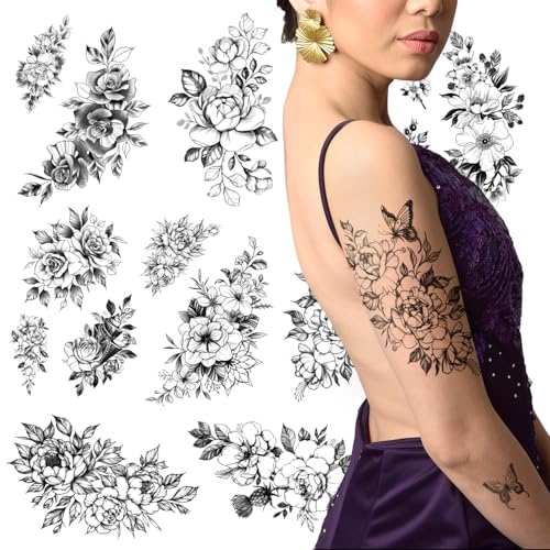 Half Arm Black Floral Temporary Tattoos for Adults - Long