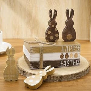 Whaline 7Pcs Easter Wooden Tiered Tray Decor Farmhouse Faux Stacked Books Bunny Rabbit Decorative Table Centerpiece Block Signs for Party Home Kitchen Dining Table Decor
