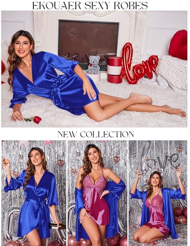 Image of Ekouaer Women's Satin Robe Valentines Lingerie for Women Kimono Bathrobe Short Ruffle Belted Robes Bridesmaids Sleepwear