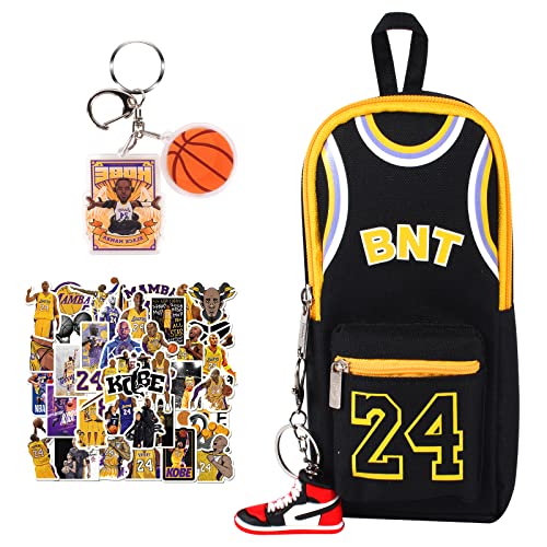 Lemotoy Basketball Federmäppchen Set 52 Stück,Kobe Schlüsselanhänger und Aufkleber,Schwarz Teenager Mäppchen Etui Stifte 2 Fach mit Reißverschluss für Kinder Studenten Erwachsene Federtasche Cover