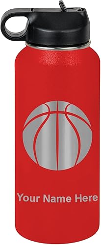 Miniatura 30 de LaserGram Botella de agua personalizada, pelota de baloncesto, acero inoxidable de doble pared aislada al vacío con popote superior, regalo grabado