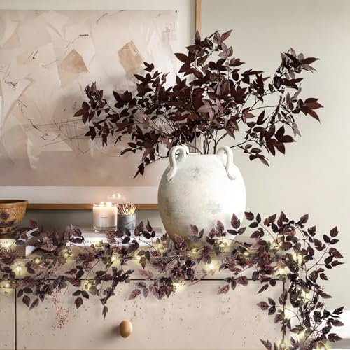 Image of Neutral Fall Garland for Mantle Fireplace - 2 Pack 12 Ft Plum Cimicifuga Seeded Leaf Garlands Purple Autumn Decor Table Decorations for Home Indoor Door Halloween Realistic Leaves Garlands Outdoor
