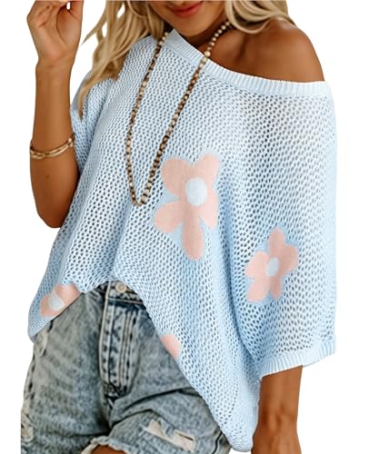 Image of SELINK Flower Crochet Tops for Women Short Sleeve Hollow Out Sweaters Swimsuit Cover Ups Lightweight Knit Pullover