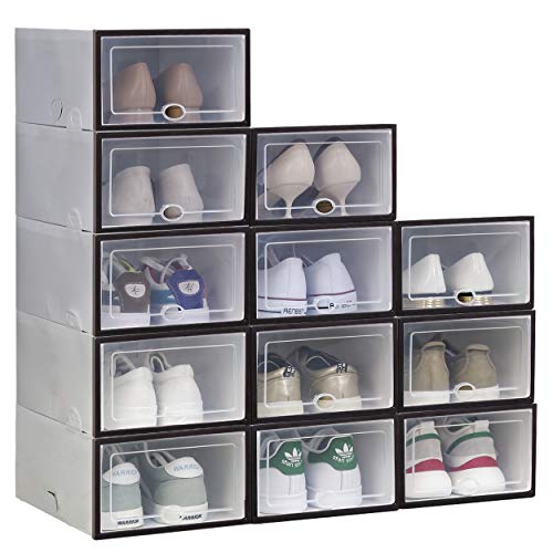 Shoe Storage Boxes 12 Pack Clear Plastic Stackable (Black)