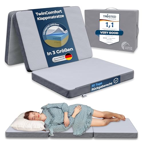 LANGE MEYER® TwinComfort Klappmatratze 2 Härtegrade, 3-teilig faltbar mit Tragetasche, Gästebett & Faltmatratze für Erwachsene, Folding Mattress...