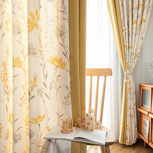 Bishilin Verdunklungsvorhänge mit Haken 132x160CM, Vorhänge Blickdicht 2 Set Gelb Verbinden Landhausstil Bedruckt Blumen Motiv Gardinen Verdunkelnd Wohnzimmer Jugendzimmer Schlafzimmer