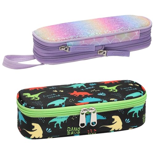 Image of Bagseri 2 Pack Pencil Case for Boys Girls - Cute Pencil Pouch for Kids Pencil Box Large Capacity Pencil Bag Organizer for School (Purple Mermaid and Black Dinosaur)