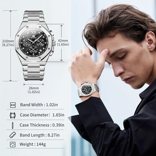 OLEVS Men's Watch Silver Stainless Steel with Black Dial Casual Watch for Men Quartz Analog 3ATM Waterproof Business Professional Style for Office Work Daily Commute 42mm Diameter Case Easy to Read. — view 3